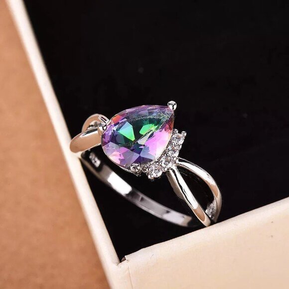 Jewelry - Rainbow CZ Teardrop Cut Ring with Accents on Sterling Silver Setting